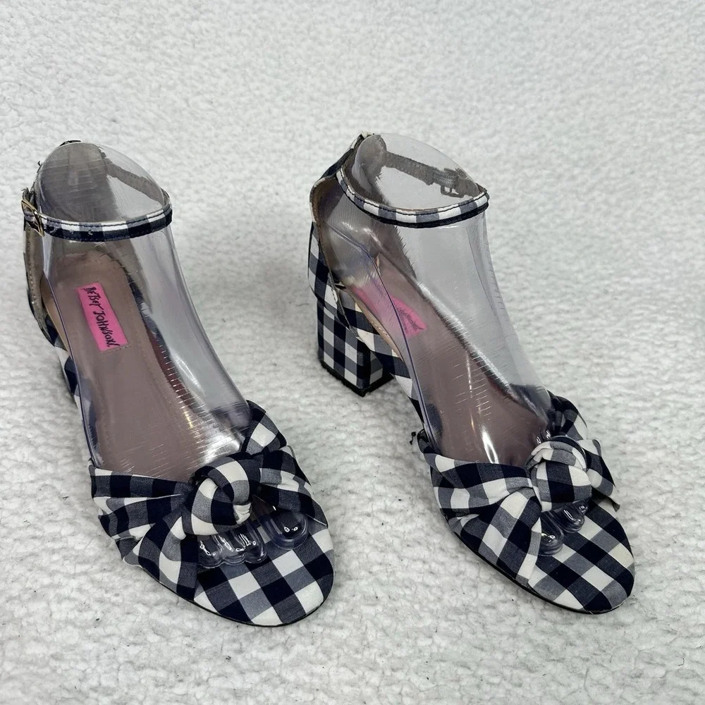 Betsey Johnson Ivee Gingham Bow Block Heel Sandals Navy White Size 7 Ankle Strap - Picture 10 of 10